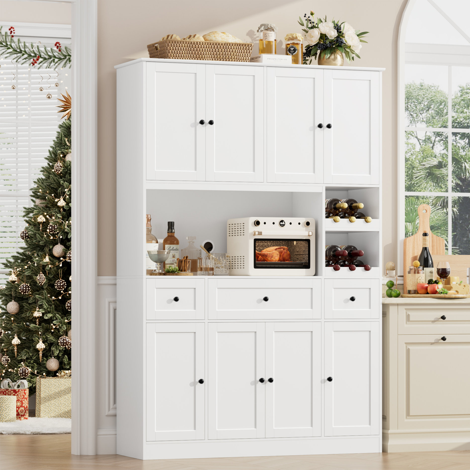 Lark Manor 72.1 H x 47.2 W Large Kitchen Pantry Microwave Stand with Removable Wine Racks White Pantry Reviews Wayfair